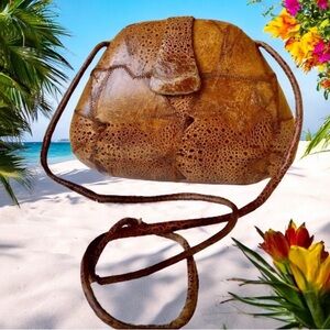 Vintage Handbag Hard Case Shell Brown Patchwork Leather Cross Body Purse flaws